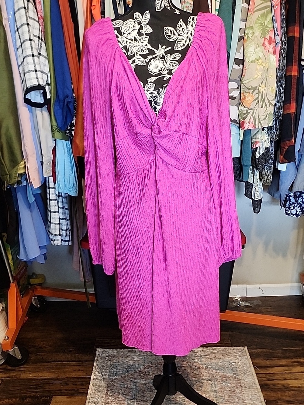 SHEIN Fuchsia Long Sleeve Twist-Front Midi Dress